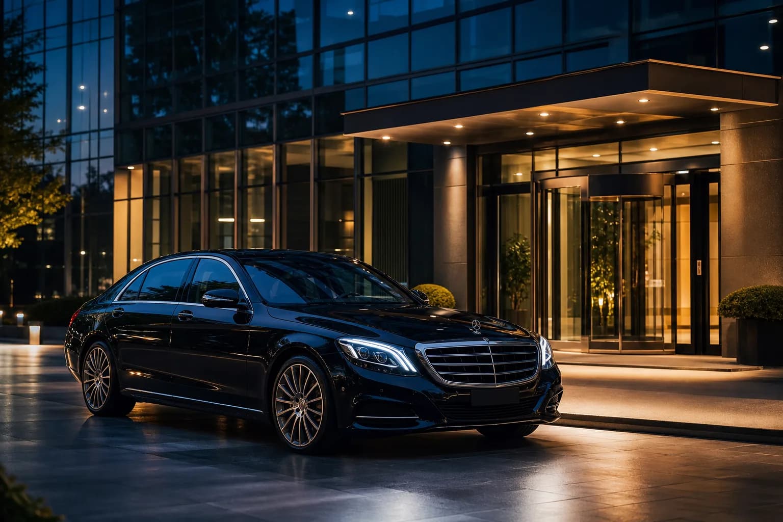 An executive chauffeur car waiting outside a modern office building in the evening