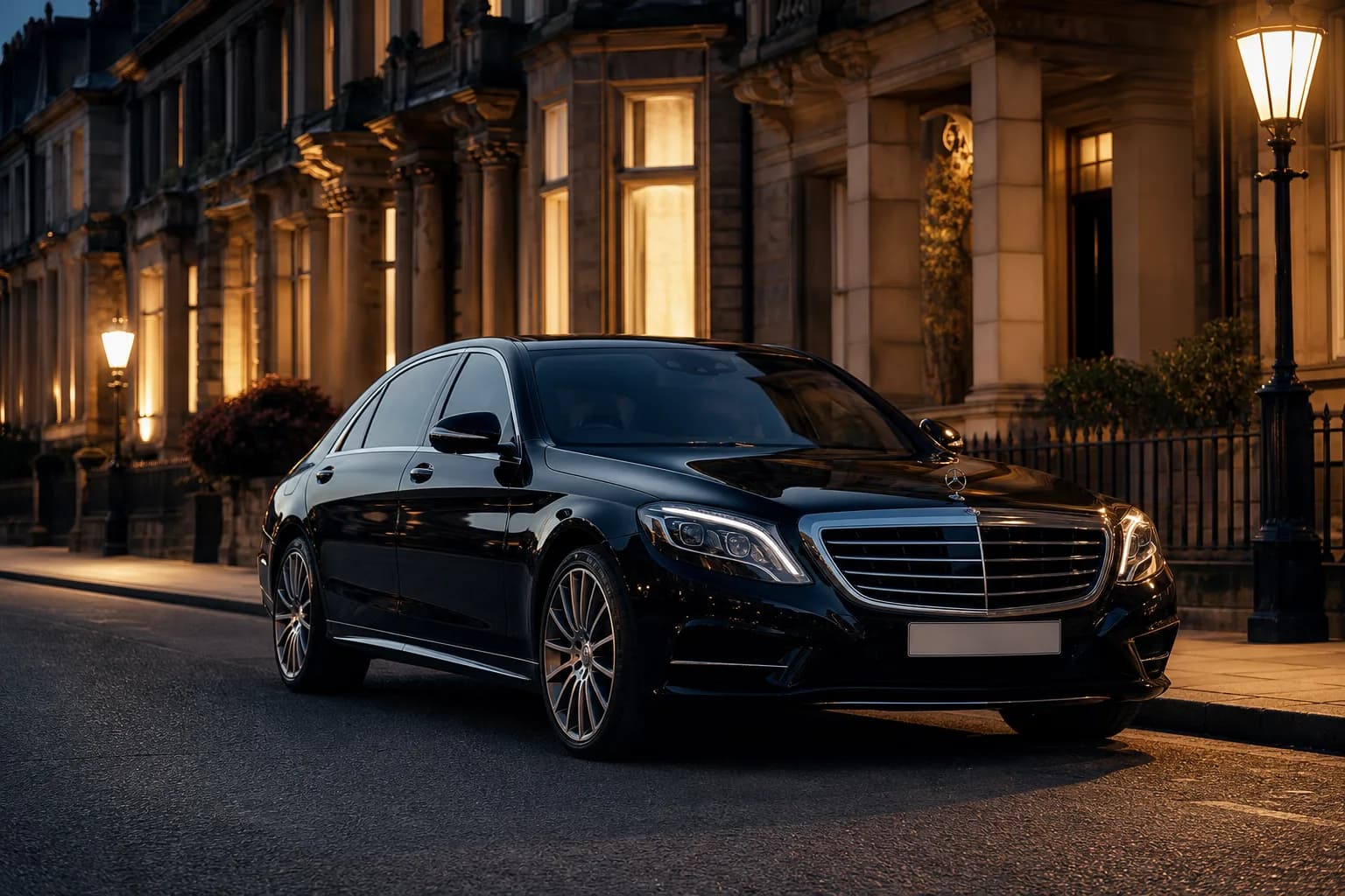 A black executive chauffeur car parked on an elegant Yorkshire street at dusk
