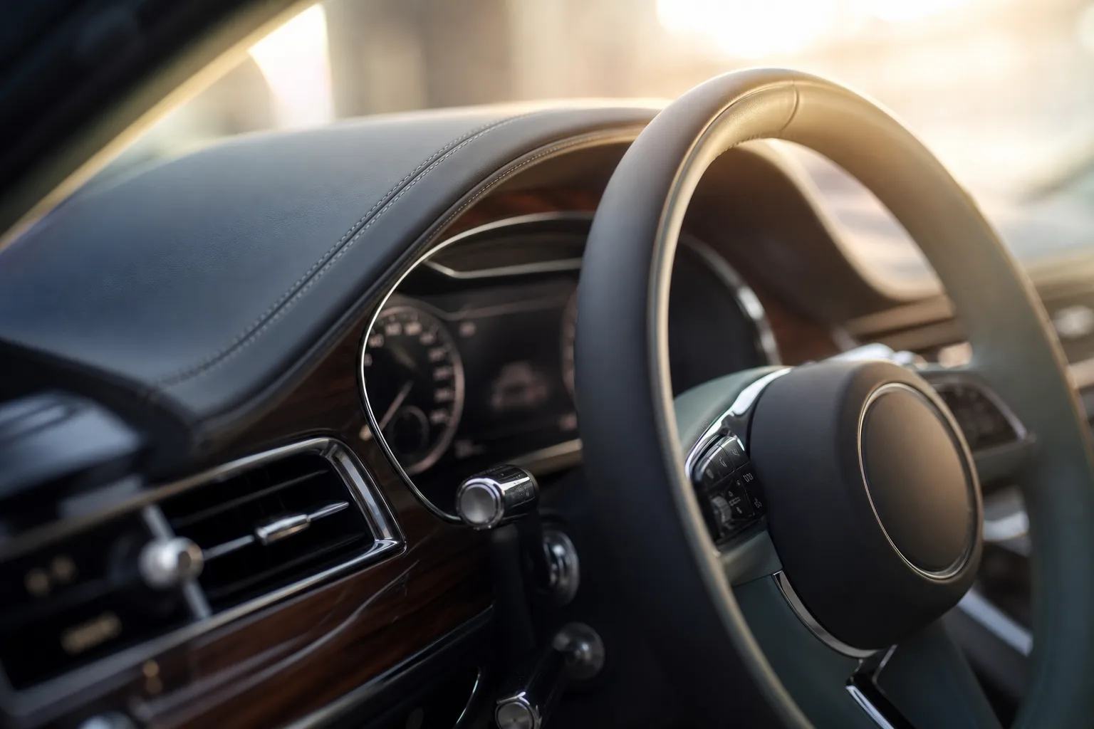 A premium car dashboard and leather steering wheel in soft morning light
