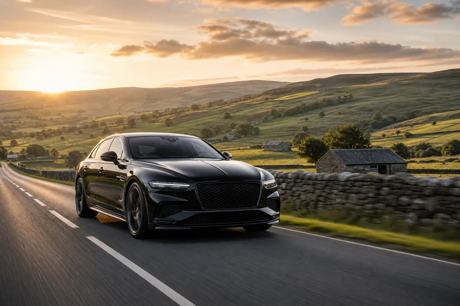 A luxury chauffeur saloon on an open Yorkshire country road at golden hour