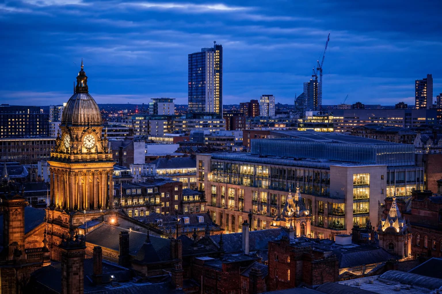 Leeds city skyline at dusk, part of the West Yorkshire area A-Z Car Hire serves